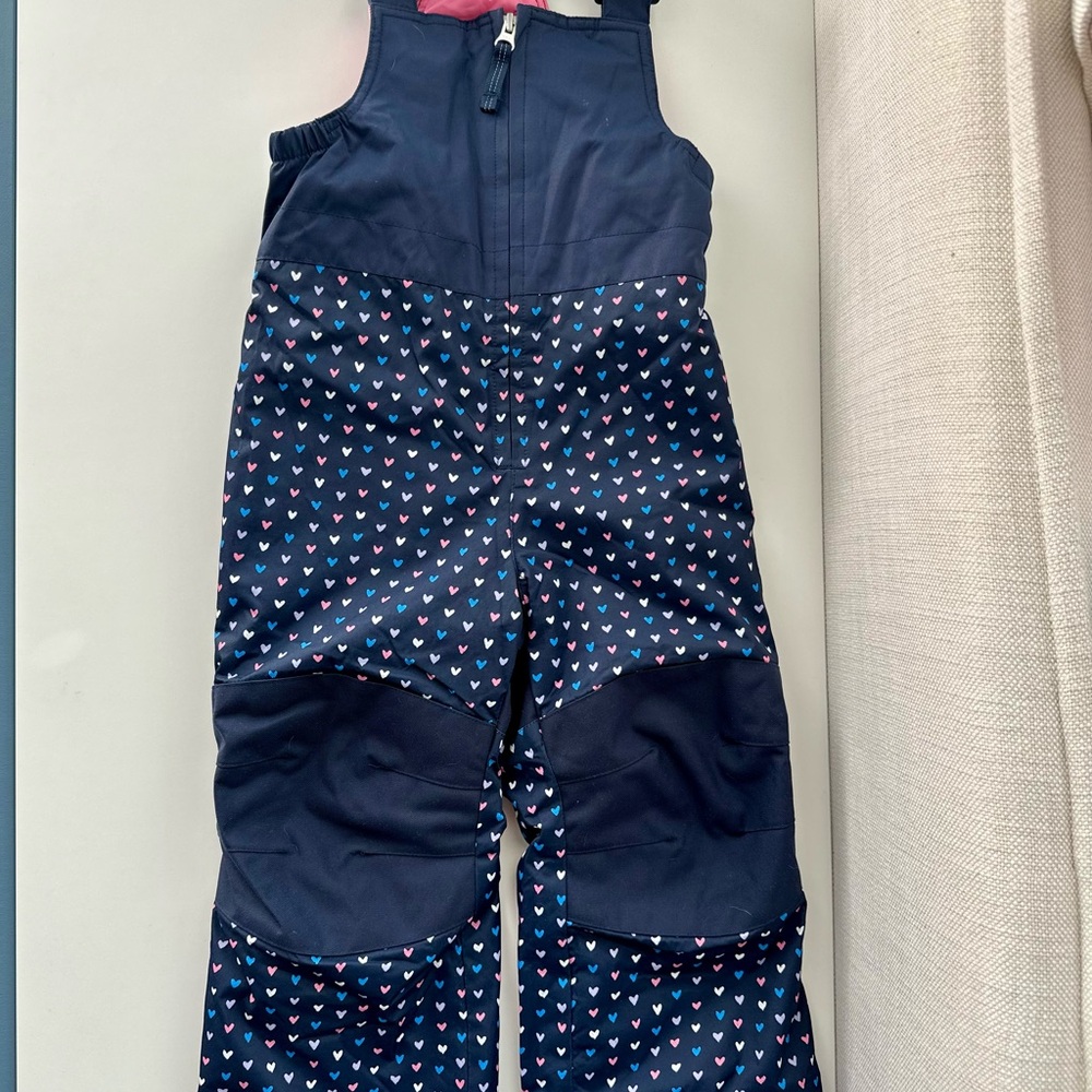Lands’ End Snow Bib Overalls Navy Heart Print